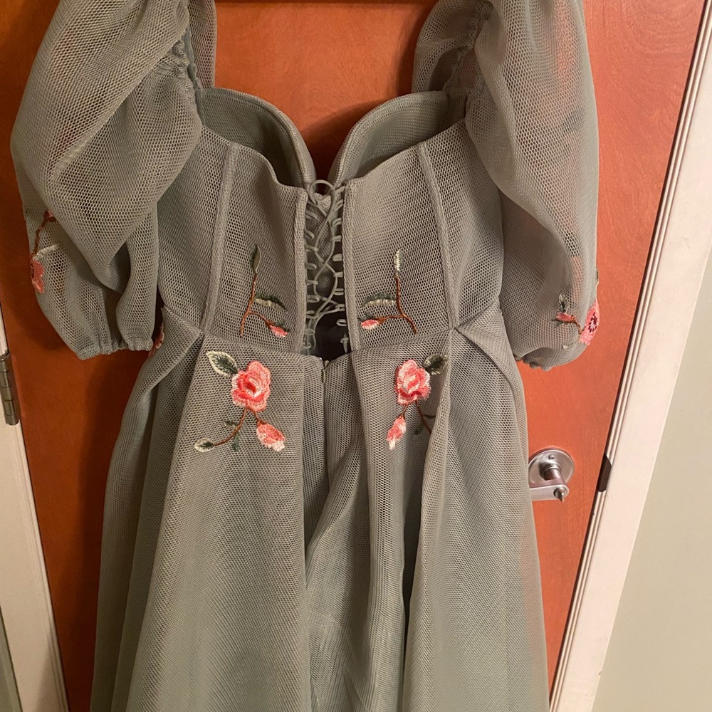 Teuta Matoshi Sage Green Maxi Dress with Pink Floral Embroidery - Picture 9 of 12
